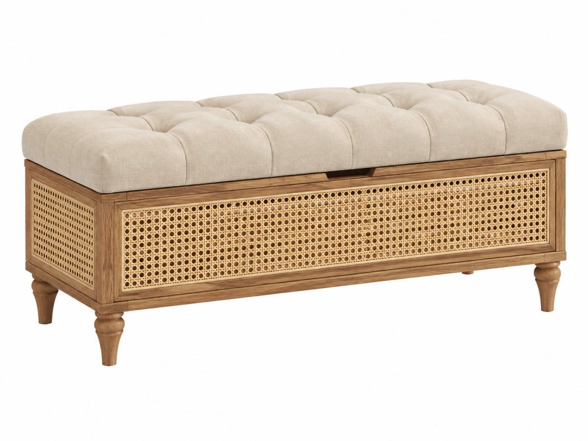 Sitzbank 120 x 45 x 50 cm aus Holz und Rattan Beige mit Stauraum