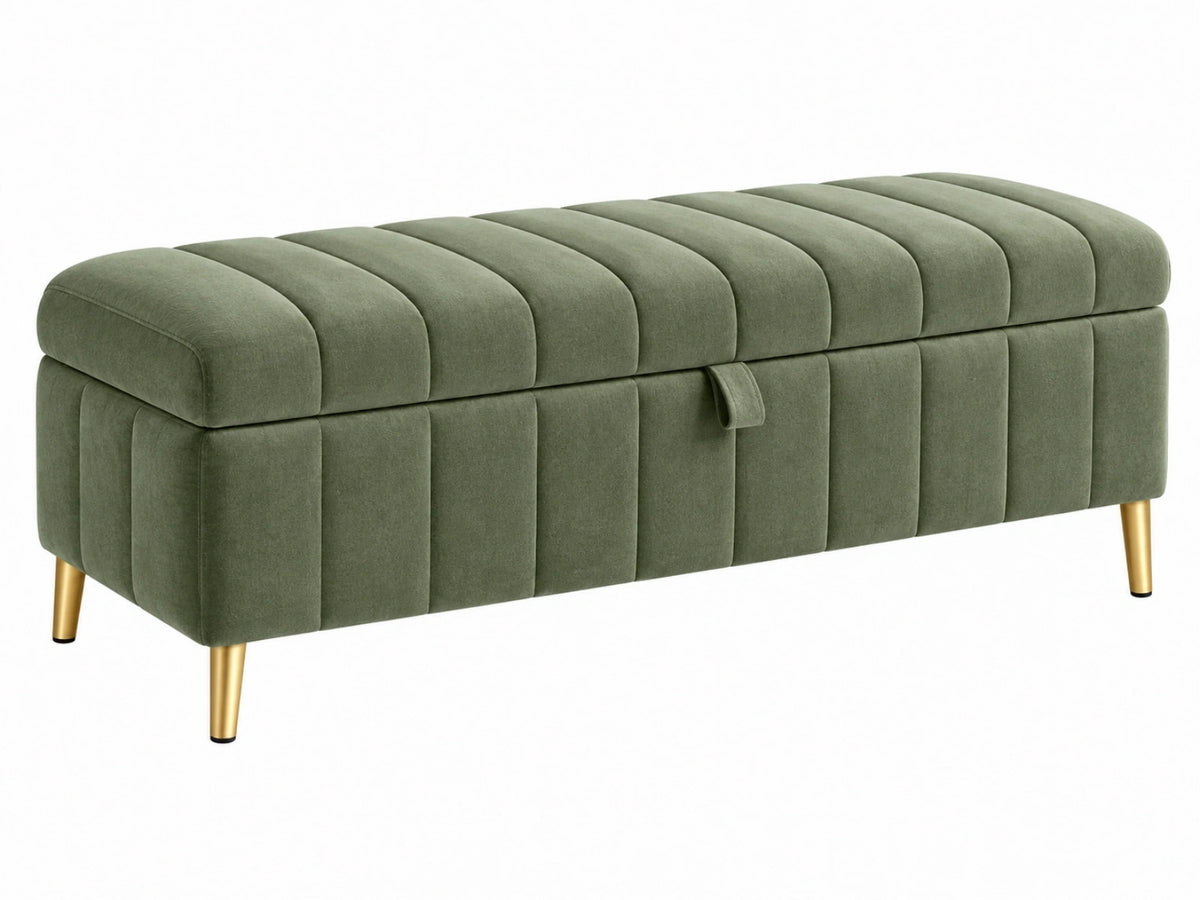 Sitzbank mit Stauraum 120 x 45 x 46 cm olivgrüner Samtbezug mit Metallfüßen