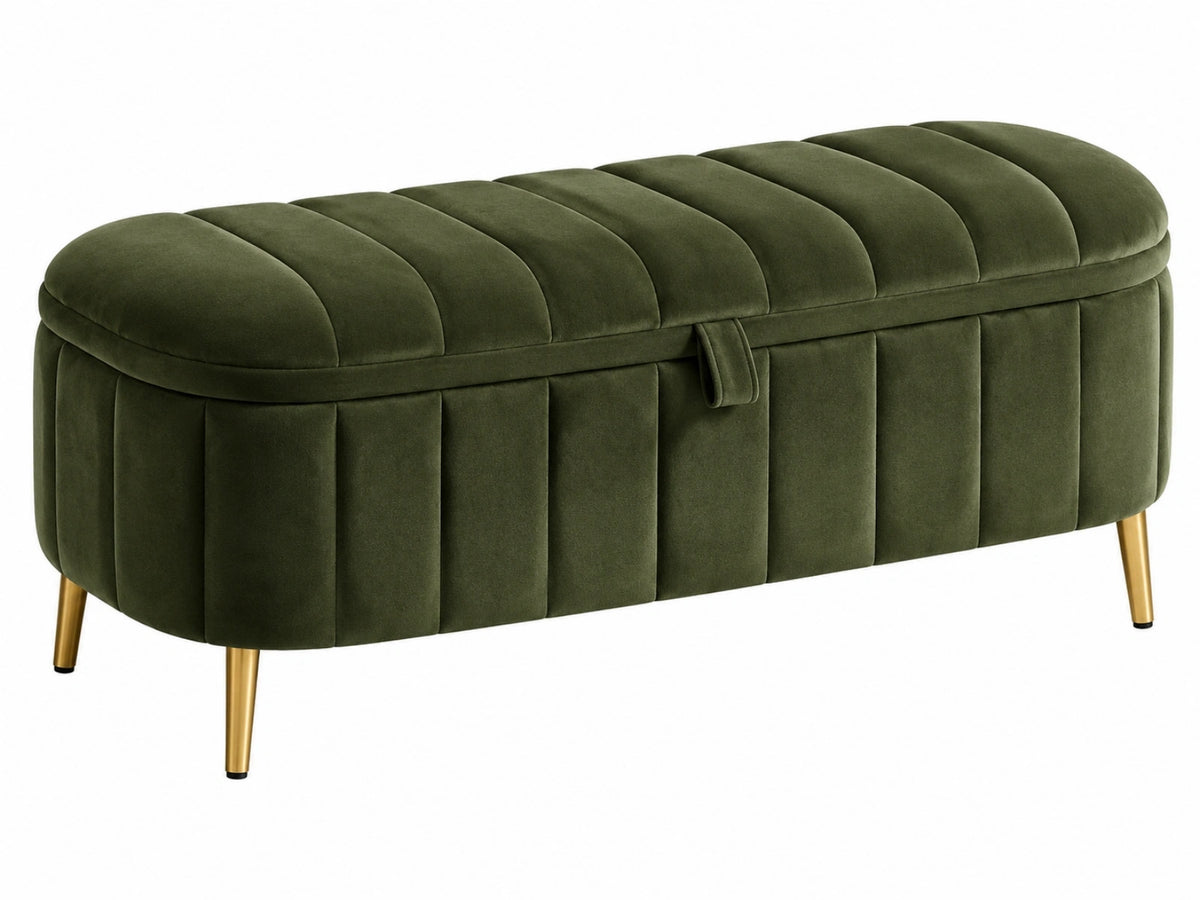 Sitzbank 120 cm dunkelgrün Samtoptik mit Stauraum - gepolstert im Vintage Stil